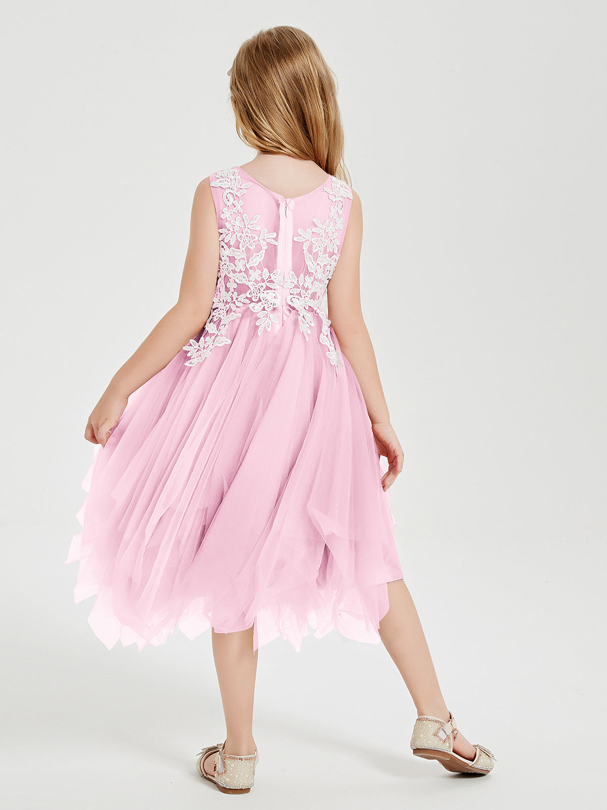 Tea Length Tulle Junior Bridesmaid Dresses Candy Pink